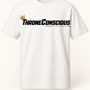 Athletic Wordmark Tee with the black ThroneConscious athletic logo and gold crown on a warm white shirt.