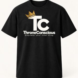 TC Crown Tee with a cream crowned TC monogram and ThroneConscious wordmark on a black shirt.