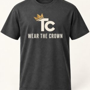The Standard Tee with a cream crowned TC monogram above the words Wear the Crown on a charcoal shirt.