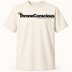 Signature Crown Tee with the black ThroneConscious wordmark and gold crown across a natural cream shirt.