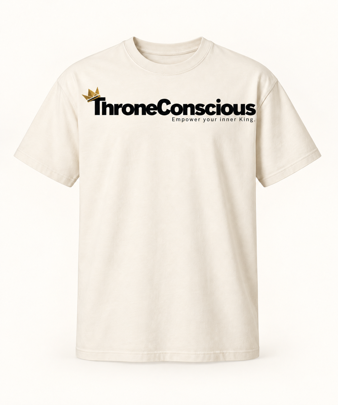 Signature Crown Tee with the black ThroneConscious wordmark and gold crown across a natural cream shirt.